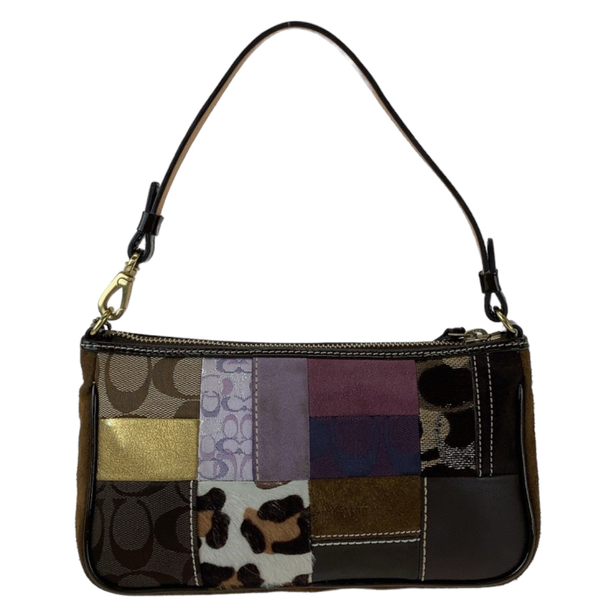 COACH コーチ シグネチャー パッチワーク ブラウン マルチカラー ゴールド金具 キャンバス / レザー / スウェード ハンドバッグ アクセサリーポーチ  レディース