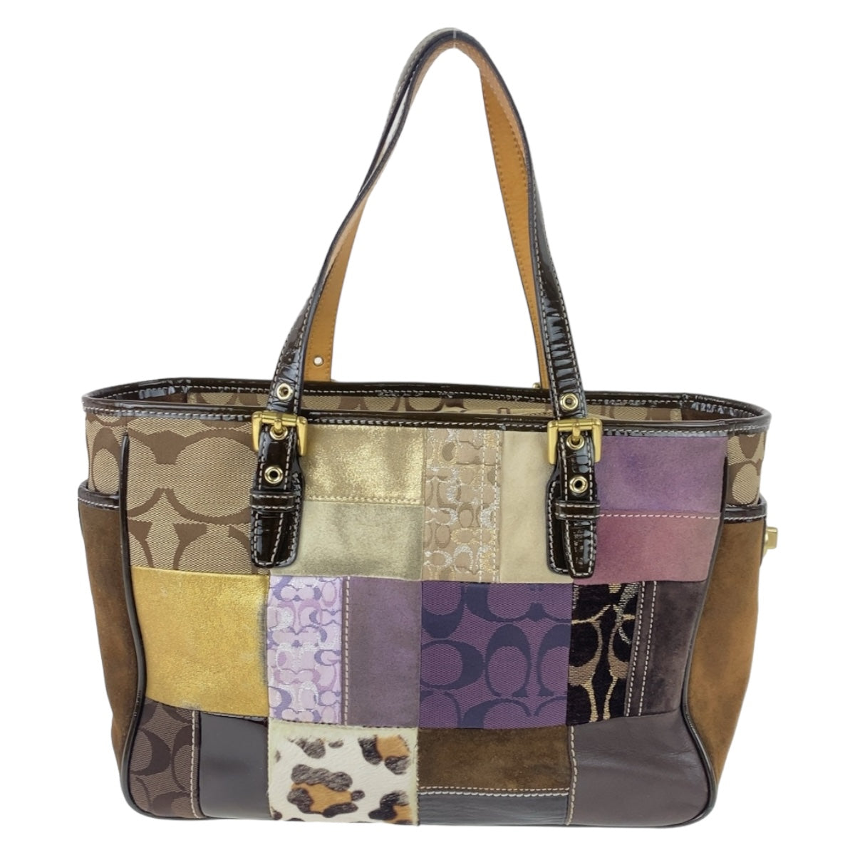 COACH コーチ パッチワーク ブラウン マルチカラー キャンバス / レザー / スウェード トートバッグ ショルダーバッグ  レディース