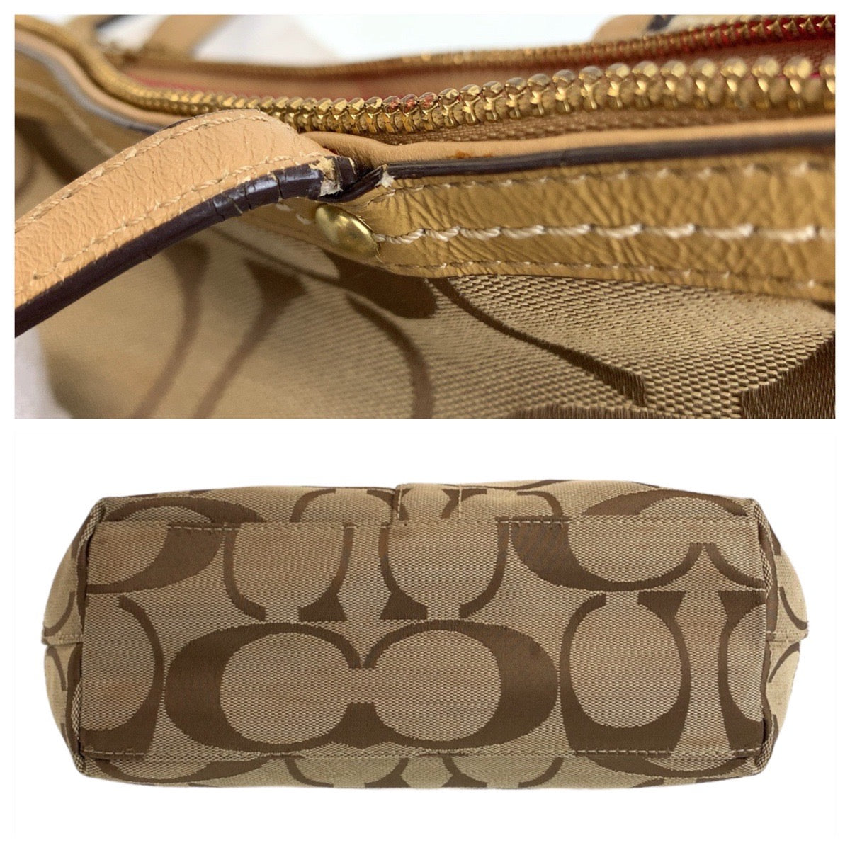 12378
 COACH Signature Beige Brown Pink Gold Hardware Canvas/Leather Tote Bag Shoulder Bag Women's