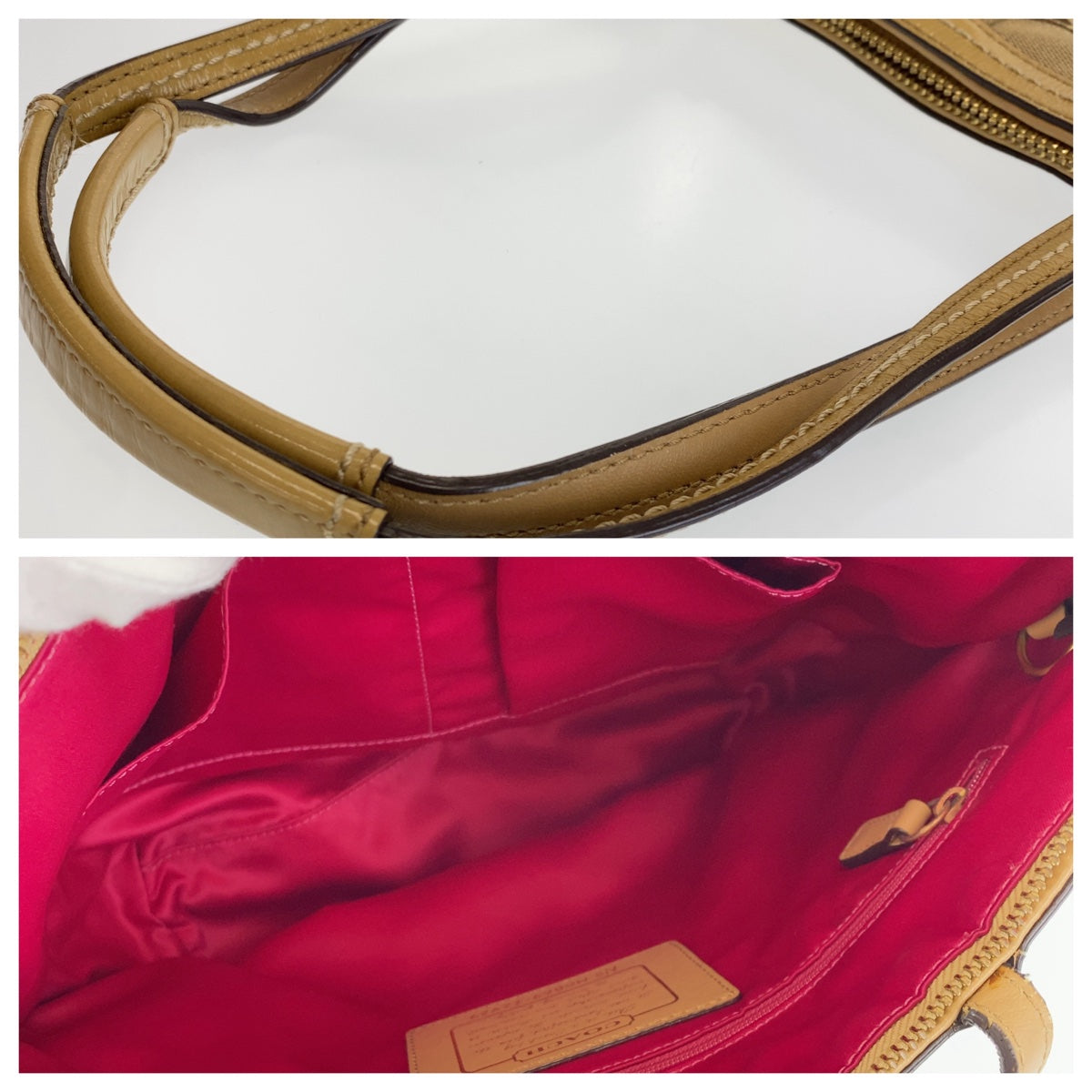 12378
 COACH Signature Beige Brown Pink Gold Hardware Canvas/Leather Tote Bag Shoulder Bag Women's