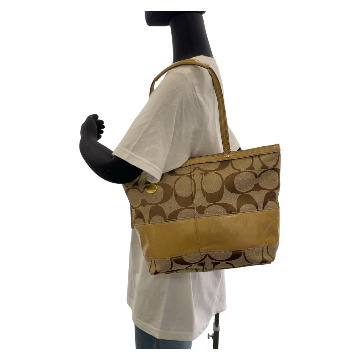 12378
 COACH Signature Beige Brown Pink Gold Hardware Canvas/Leather Tote Bag Shoulder Bag Women's