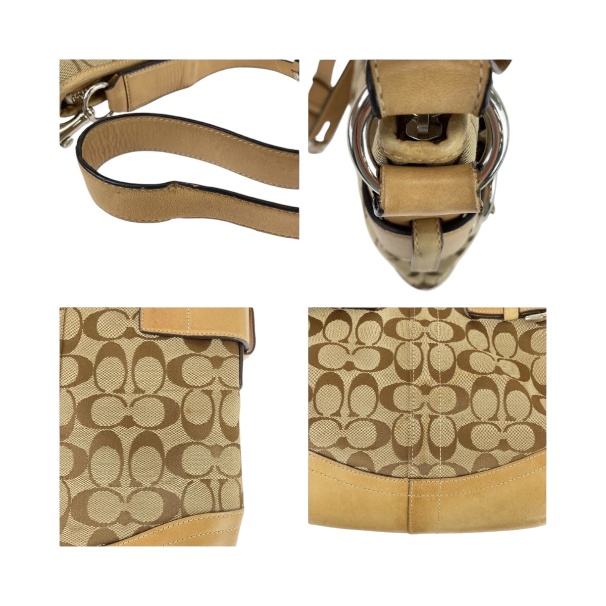 12377
COACH コーチ シグネチャー ベージュ シルバー金具 キャンバス 斜め掛け ショルダーバッグ  レディース AB5