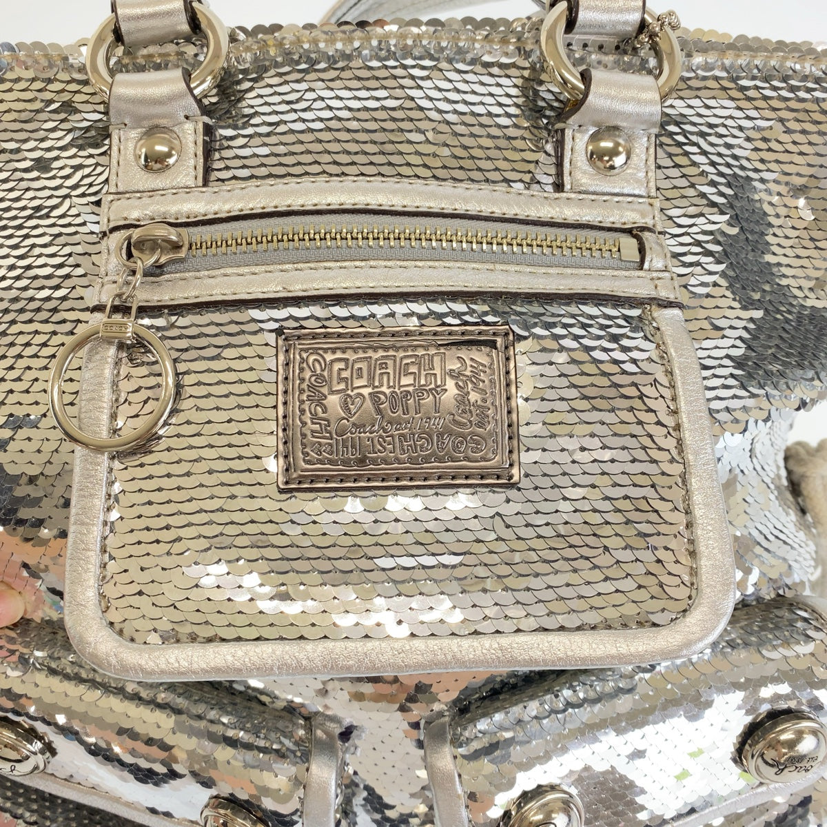COACH コーチ ポピー スパンコール シルバー パープル シルバー金具 レザー / スパンコール トートバッグ ショルダーバッグ 2way  レディース