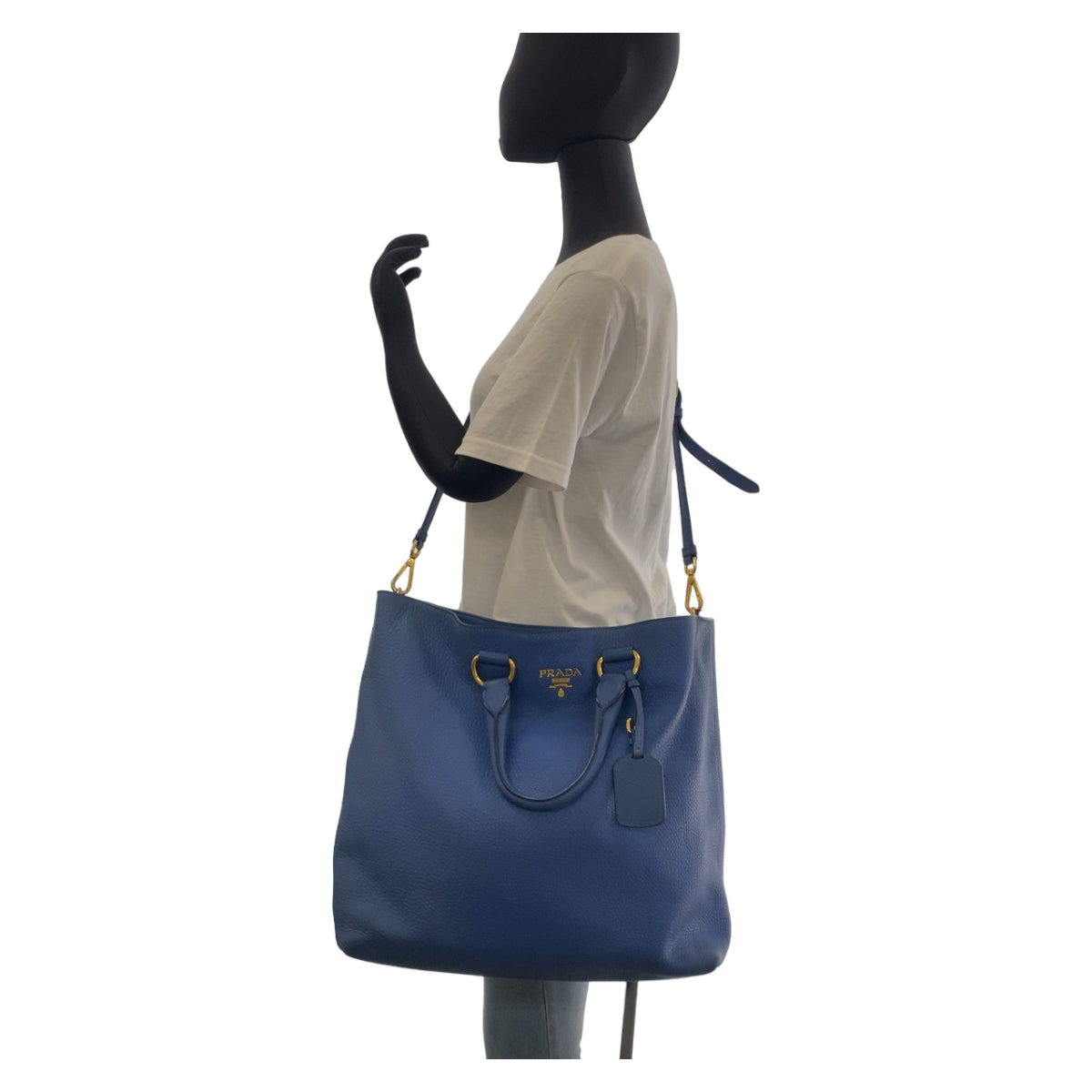 PRADA Vitello Dino unisex blue gold hardware leather tote bag shoulder bag 2way ladies