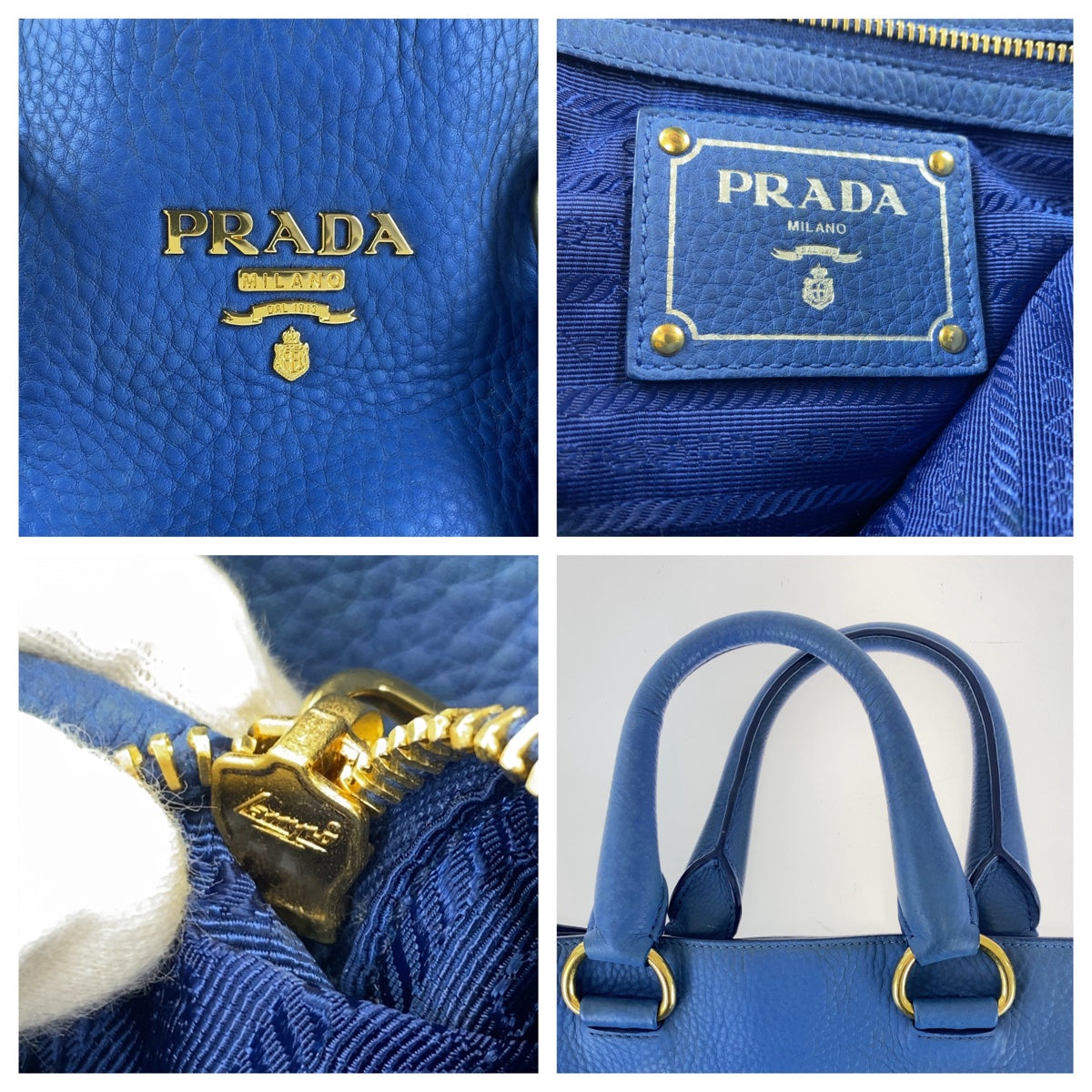 PRADA Vitello Dino unisex blue gold hardware leather tote bag shoulder bag 2way ladies