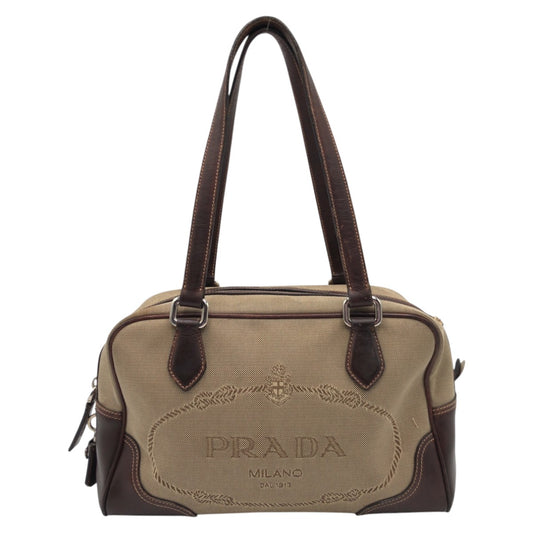 12878
PRADA プラダ ロゴジャガード ブラウン ベージュ コットン ショルダーバッグ ハンドバッグ ミニボストン  レディース
