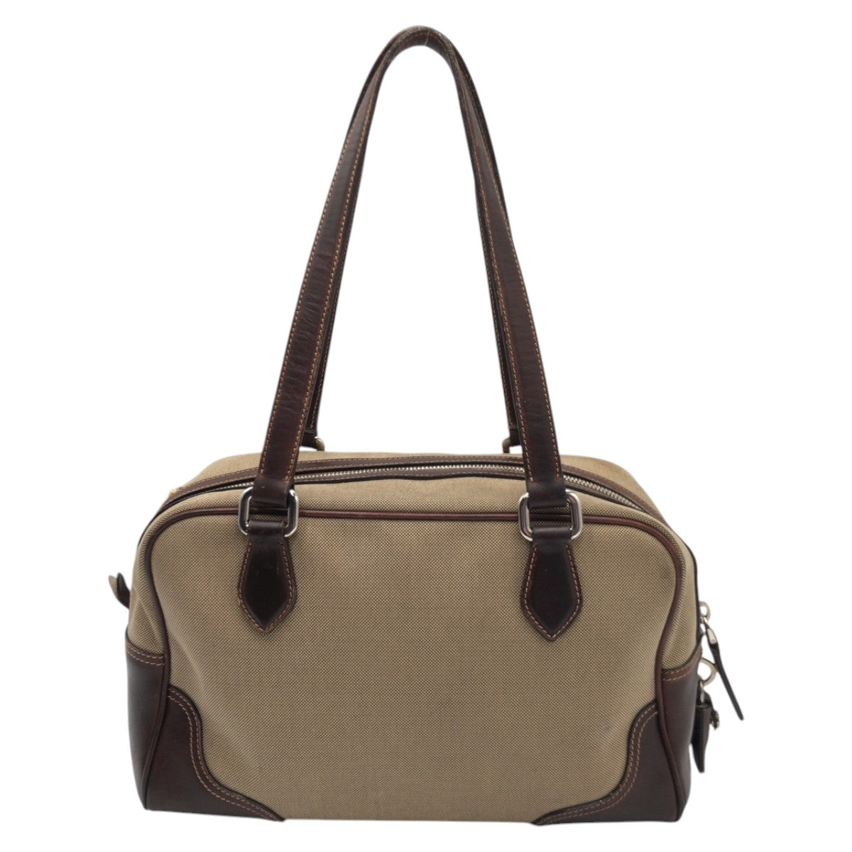 12878
PRADA プラダ ロゴジャガード ブラウン ベージュ コットン ショルダーバッグ ハンドバッグ ミニボストン  レディース