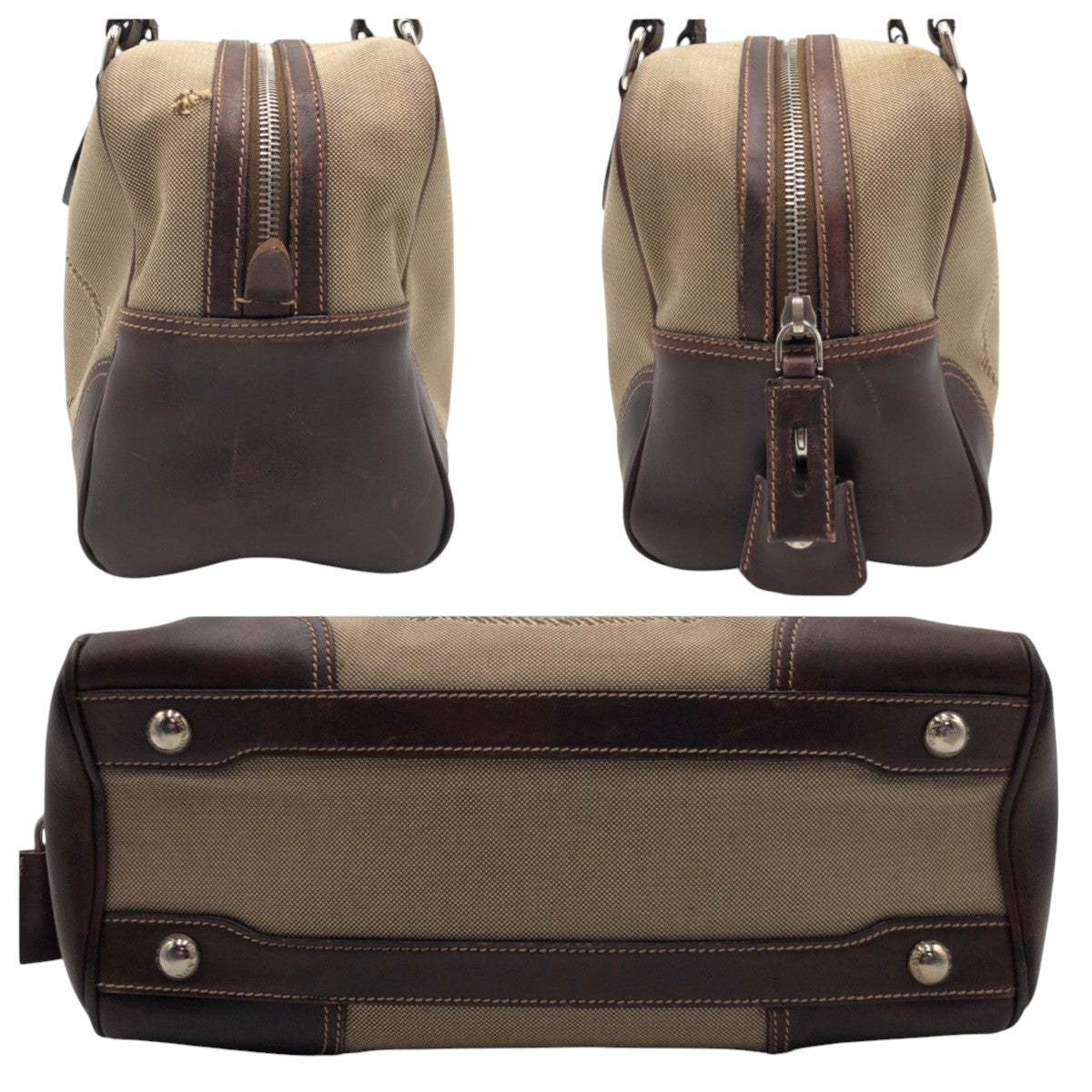12878
PRADA プラダ ロゴジャガード ブラウン ベージュ コットン ショルダーバッグ ハンドバッグ ミニボストン  レディース