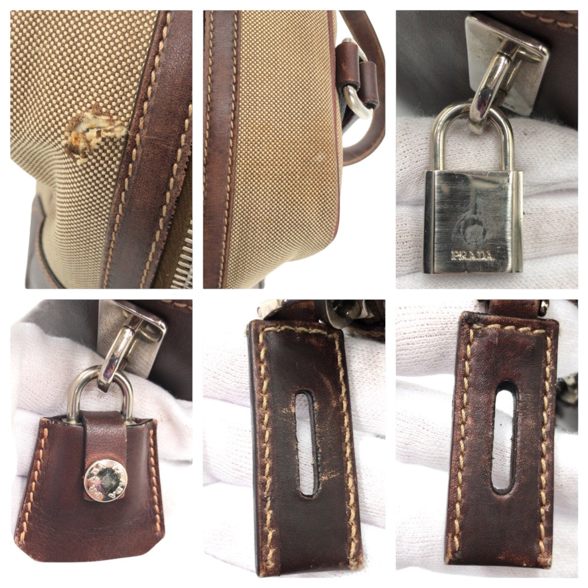 12878
PRADA プラダ ロゴジャガード ブラウン ベージュ コットン ショルダーバッグ ハンドバッグ ミニボストン  レディース