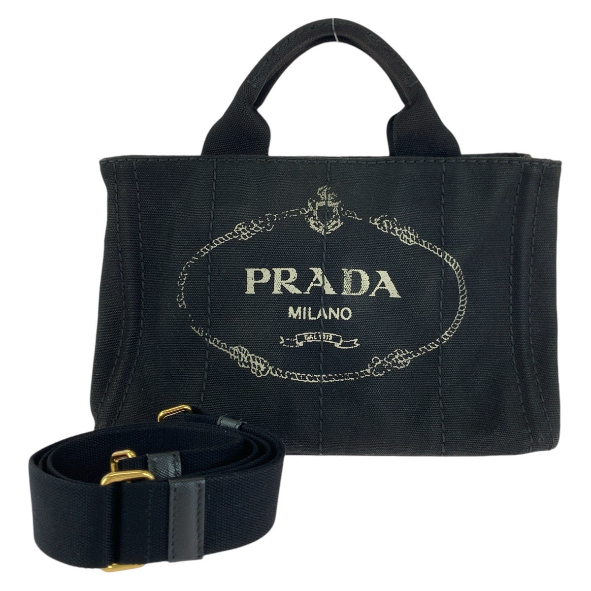 12880
PRADA プラダ カナパ 三角ロゴプレート ブラック 黒 ゴールド金具 キャンバス トートバッグ ショルダーバッグ 2way  レディース