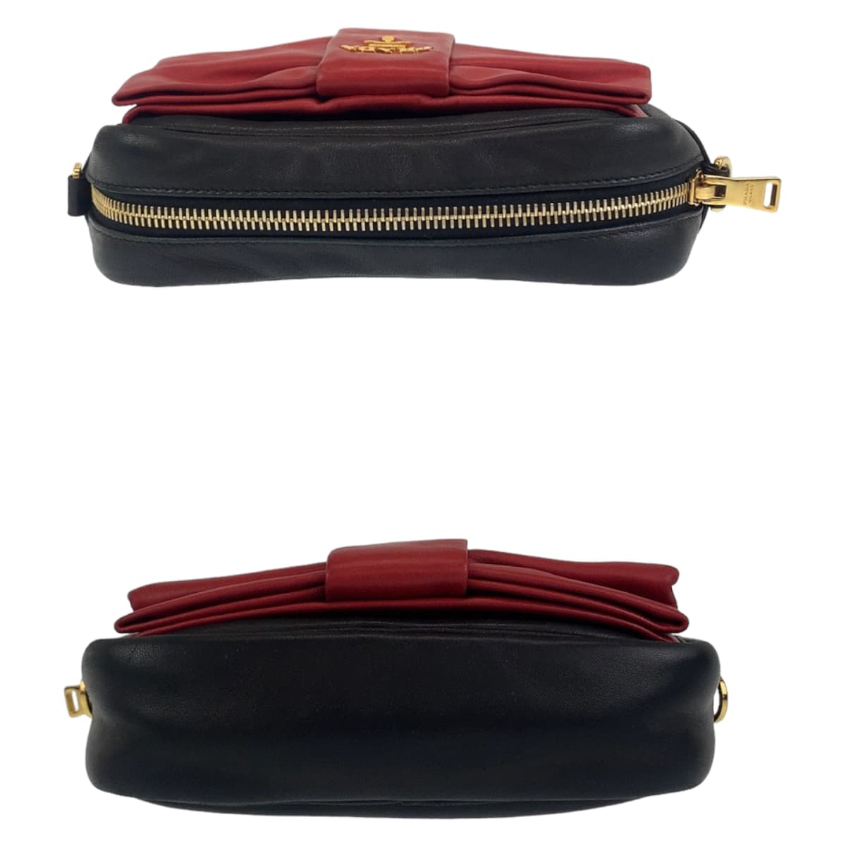 11614
PRADA プラダ リボンモチーフ ブラック レッド ゴールド金具 レザー 斜め掛け ショルダーバッグ ポシェット  レディース ABP38