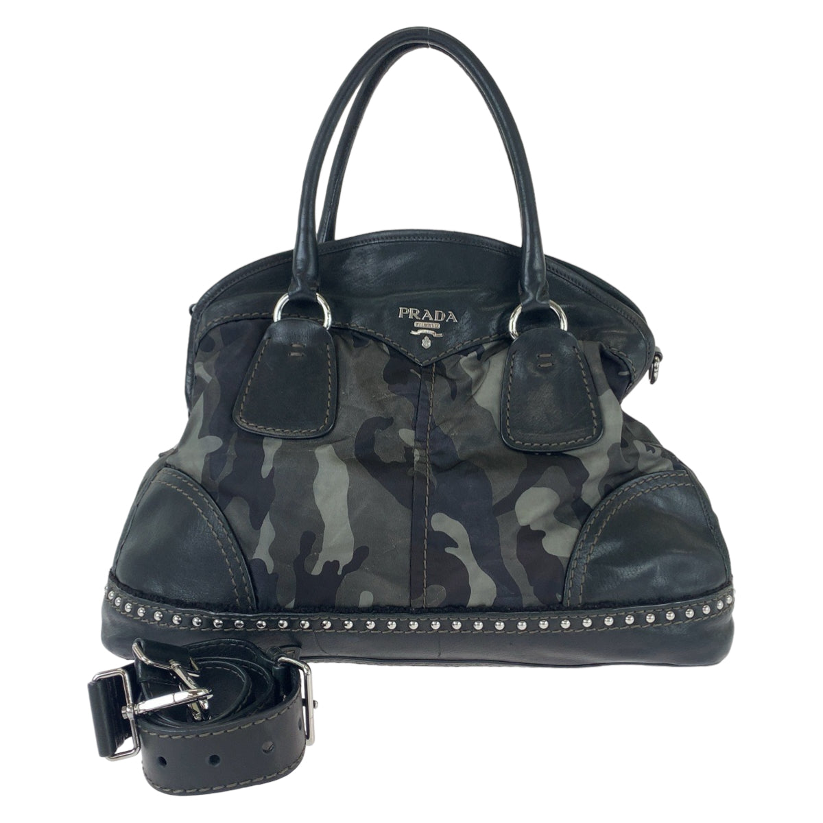 11645
PRADA プラダ テスート カモフラ柄 スタッズ カーキ ブラック 黒 シルバー金具 ナイロン / レザー BL0688 ショルダーバッグ ハンドバッグ 2way  レディース