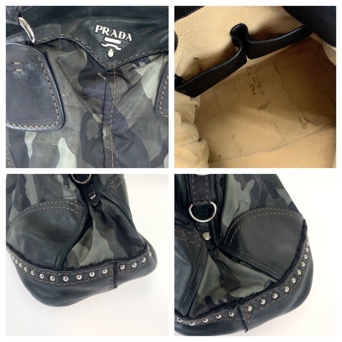 11645
PRADA プラダ テスート カモフラ柄 スタッズ カーキ ブラック 黒 シルバー金具 ナイロン / レザー BL0688 ショルダーバッグ ハンドバッグ 2way  レディース