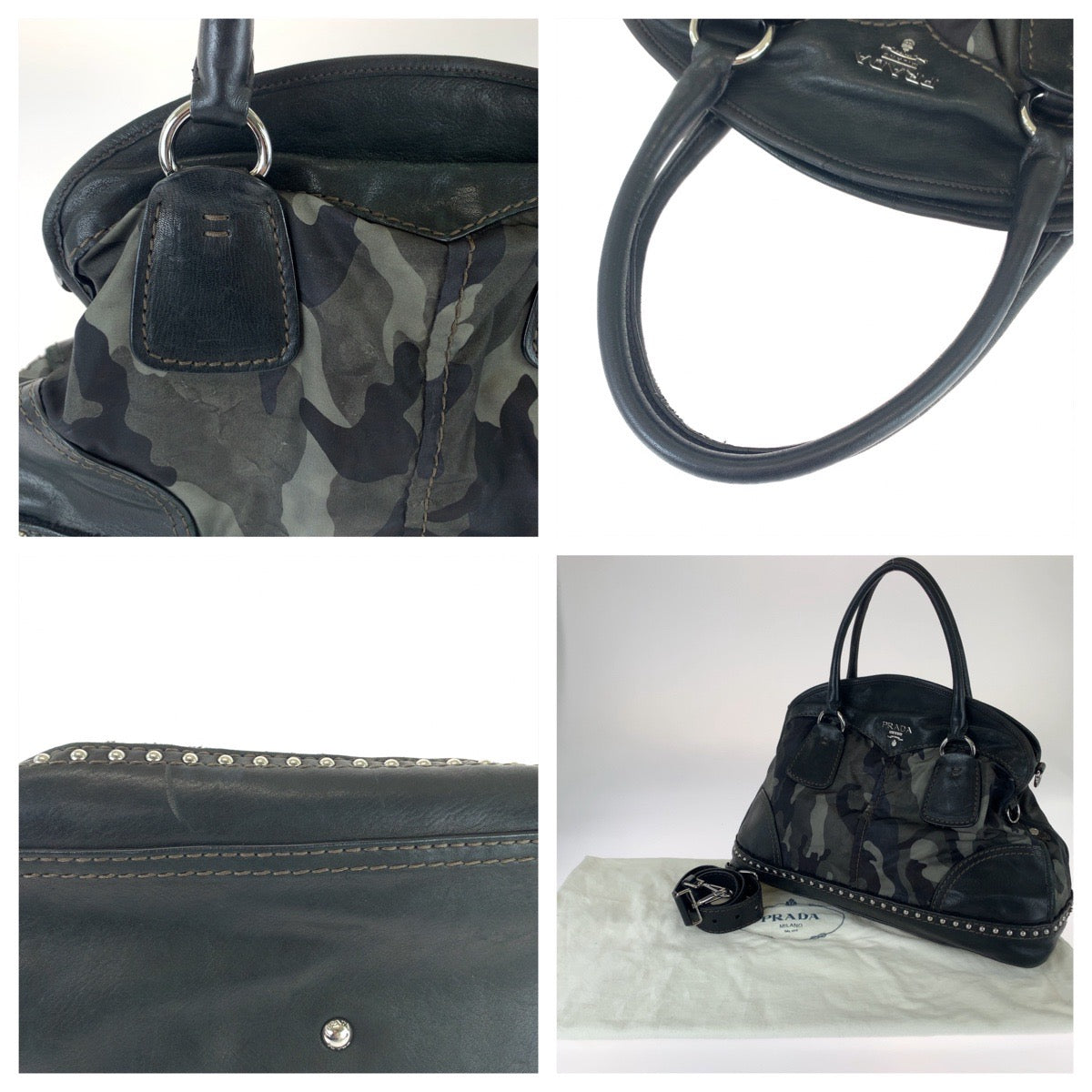 11645
PRADA プラダ テスート カモフラ柄 スタッズ カーキ ブラック 黒 シルバー金具 ナイロン / レザー BL0688 ショルダーバッグ ハンドバッグ 2way  レディース