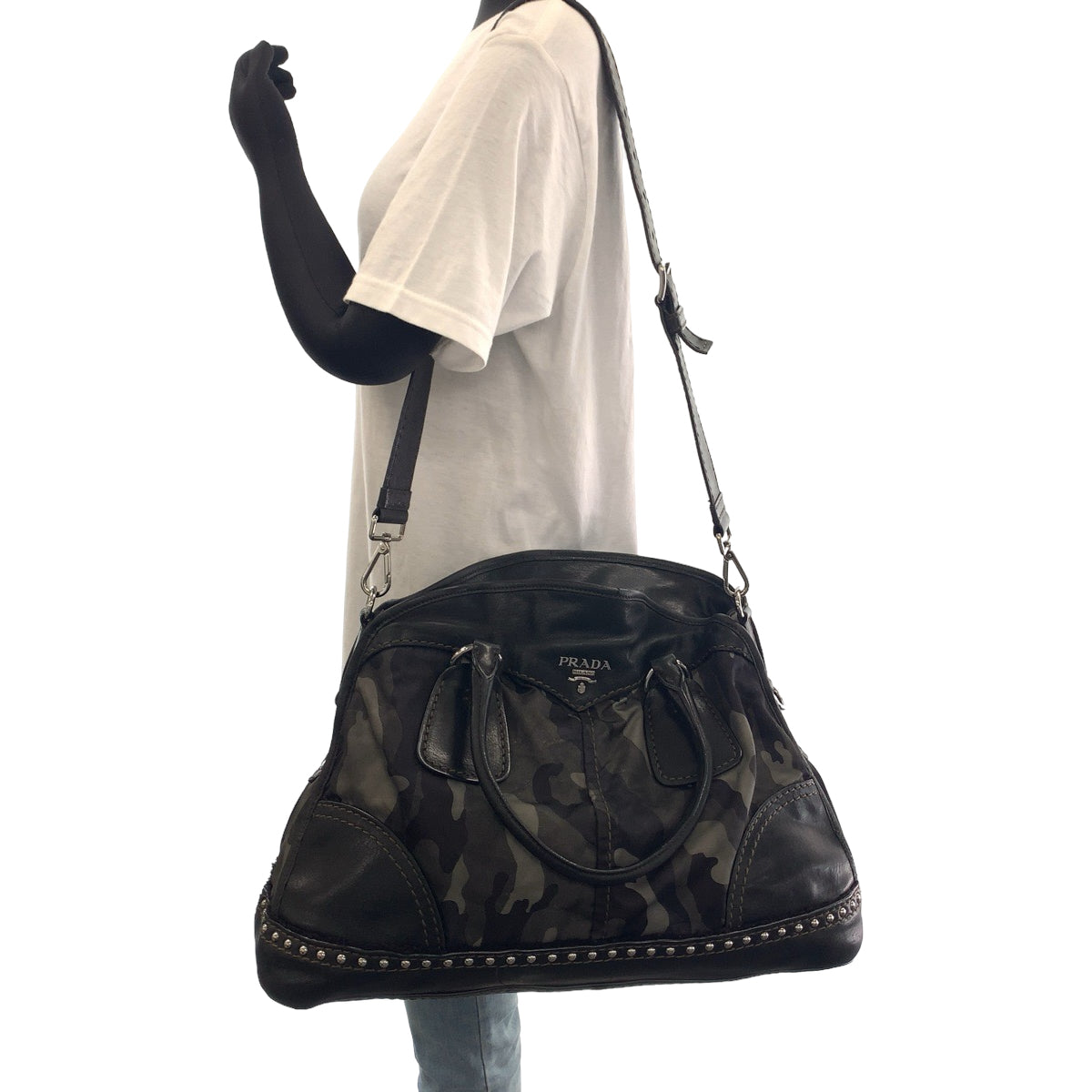 11645
PRADA プラダ テスート カモフラ柄 スタッズ カーキ ブラック 黒 シルバー金具 ナイロン / レザー BL0688 ショルダーバッグ ハンドバッグ 2way  レディース