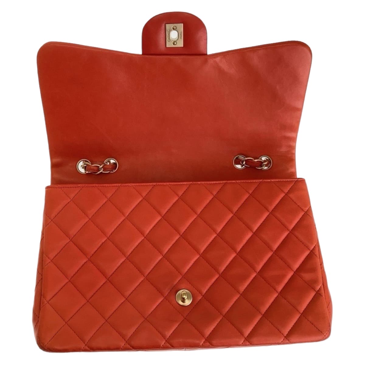 11657
CHANEL シャネル デカマトラッセ30 シングルフラップ ココマーク ターンロック オレンジ ゴールド金具 ラムスキン チェーンショルダーバッグ  レディース