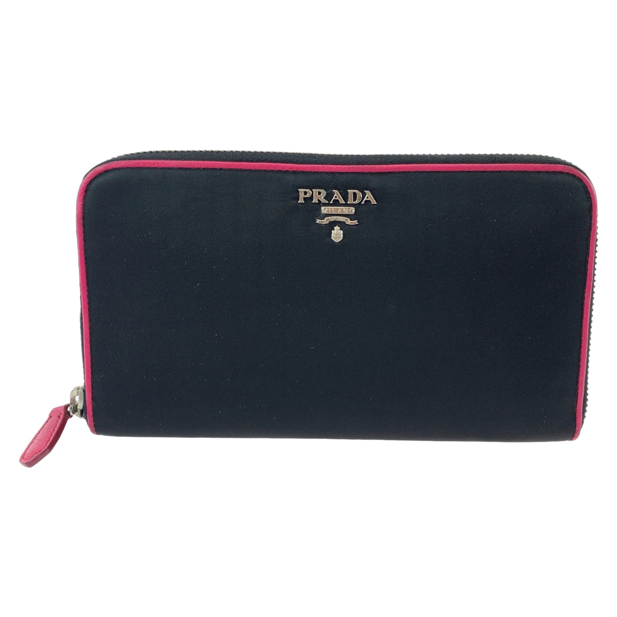 11691
 PRADA Prada Tessuto Black Pink Silver Hardware Nylon Long Wallet Round Zip Women's