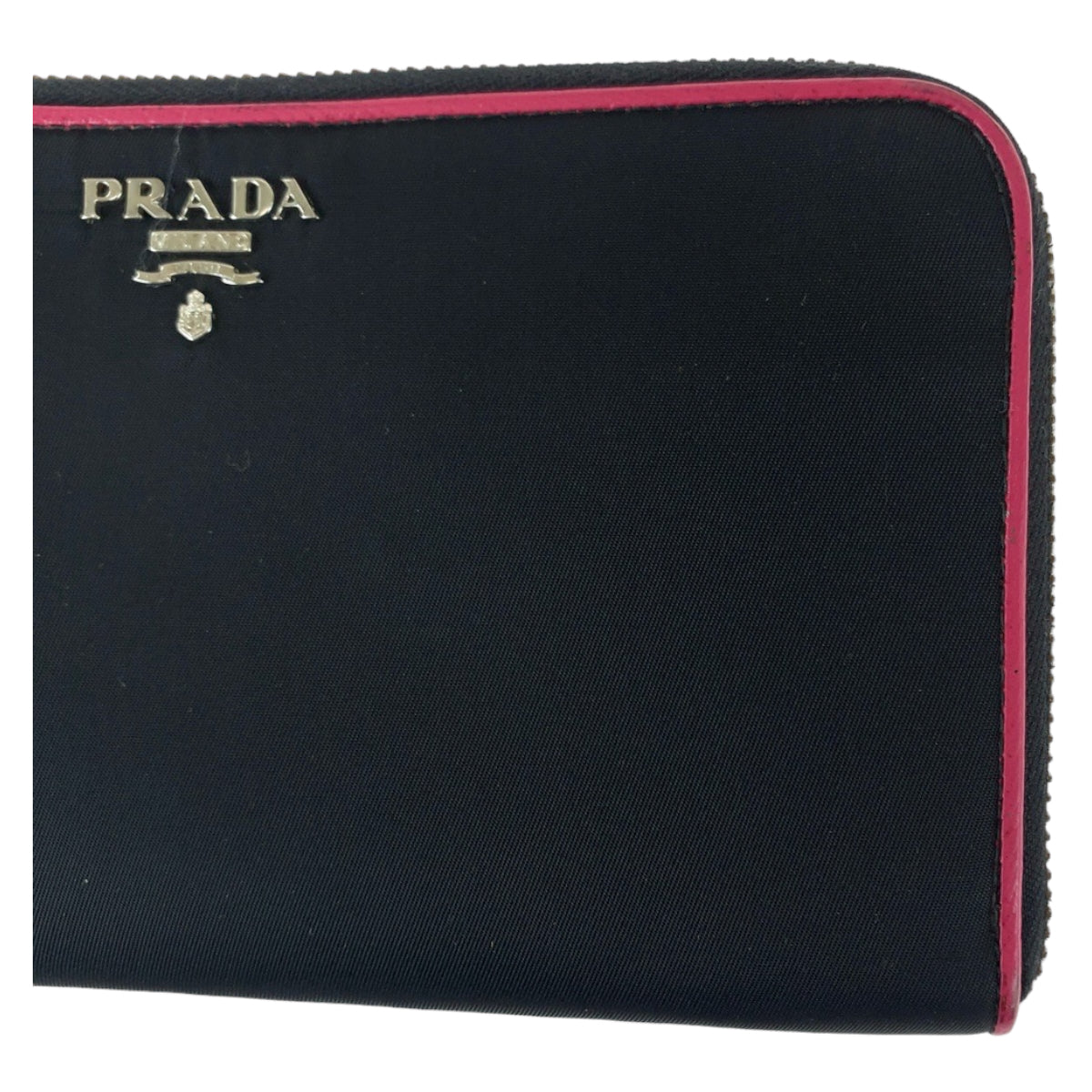 11691
 PRADA Prada Tessuto Black Pink Silver Hardware Nylon Long Wallet Round Zip Women's