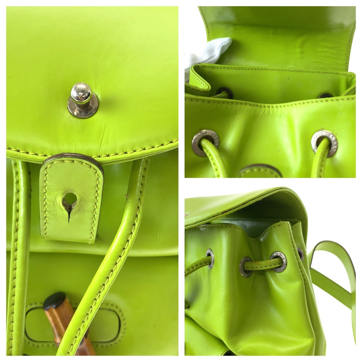 11697
 GUCCI Bamboo Light Green Brown Silver Hardware Leather 003 2034 0030 Mini Rucksack Backpack for Women