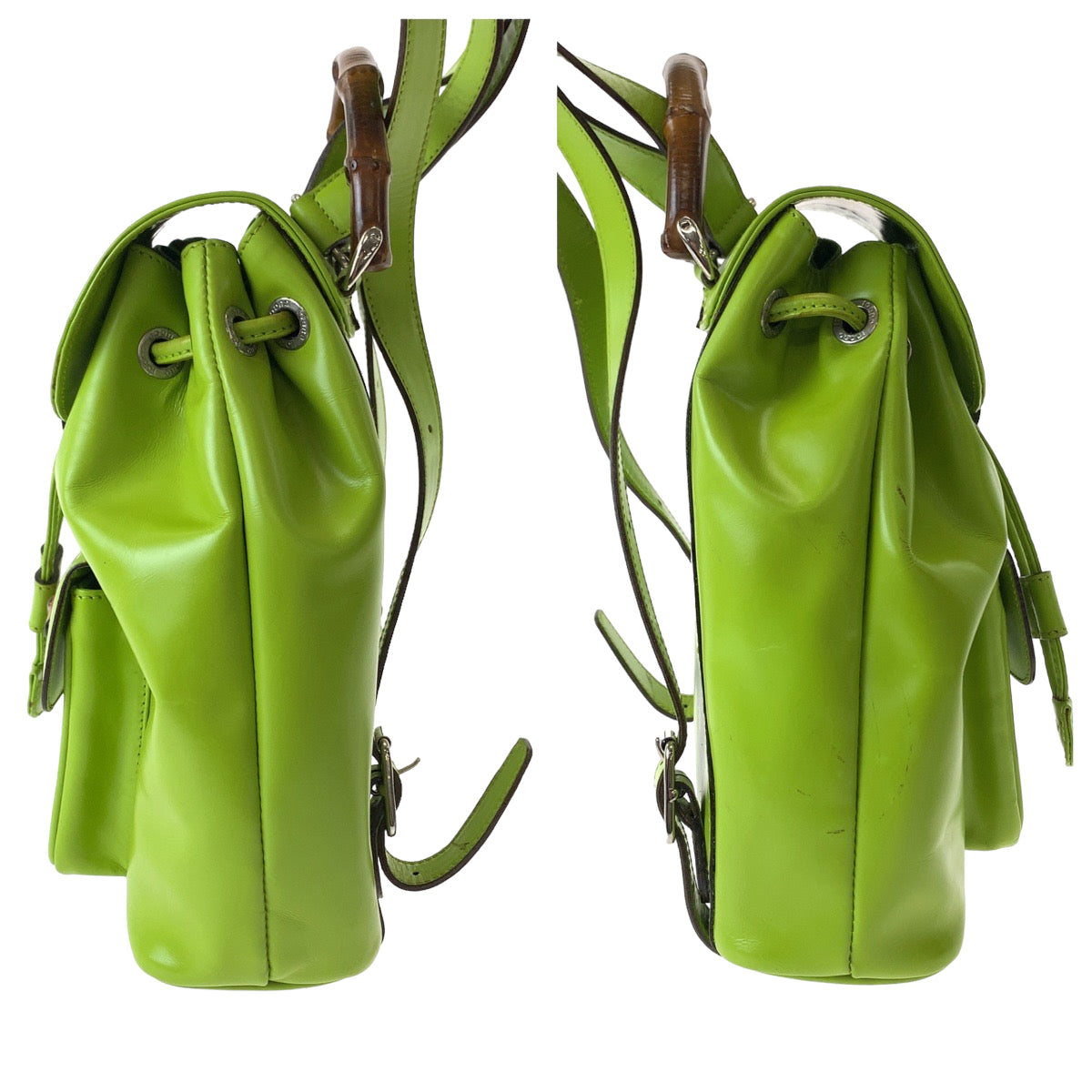 11697
 GUCCI Bamboo Light Green Brown Silver Hardware Leather 003 2034 0030 Mini Rucksack Backpack for Women