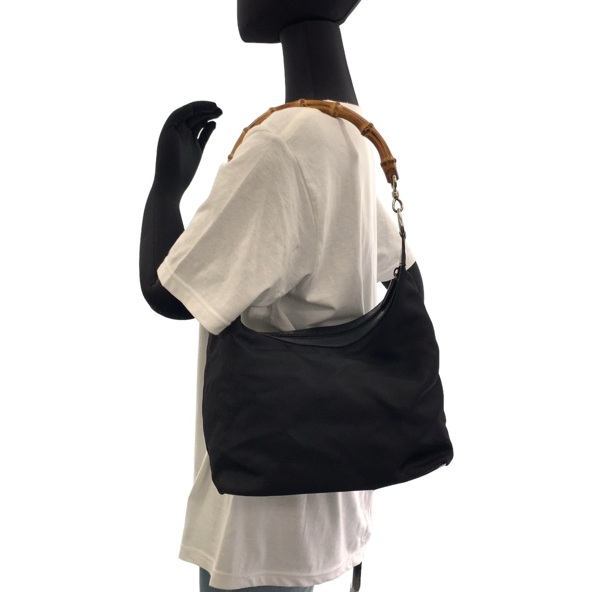 112350
GUCCI グッチ バンブー ブラック ブラウン シルバー金具 ナイロン 000 2855 0513 5 ホーボー ショルダーバッグ  レディース