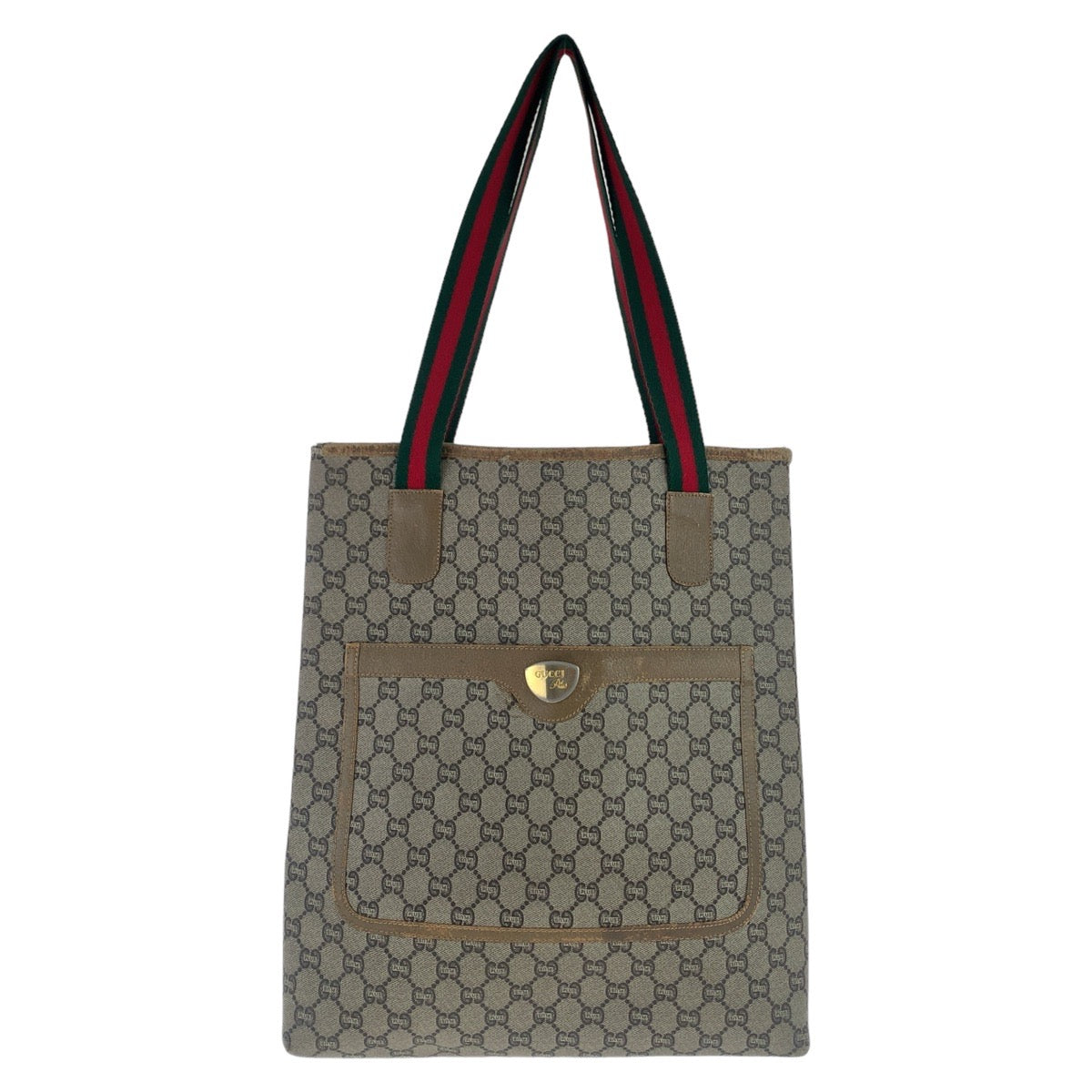 11716
 GUCCI Vintage GG Plus Sherry Line GG Supreme Old Gucci Unisex Beige Gold Hardware GG Supreme Canvas/Leather Tote Bag Shoulder Bag Women's