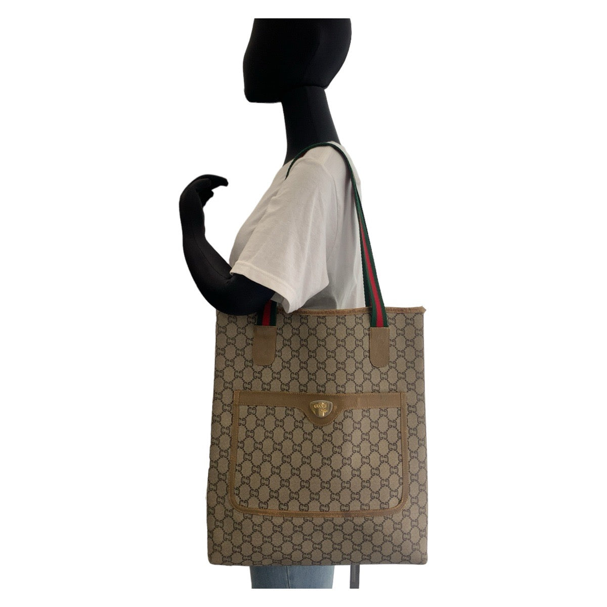 11716
 GUCCI Vintage GG Plus Sherry Line GG Supreme Old Gucci Unisex Beige Gold Hardware GG Supreme Canvas/Leather Tote Bag Shoulder Bag Women's