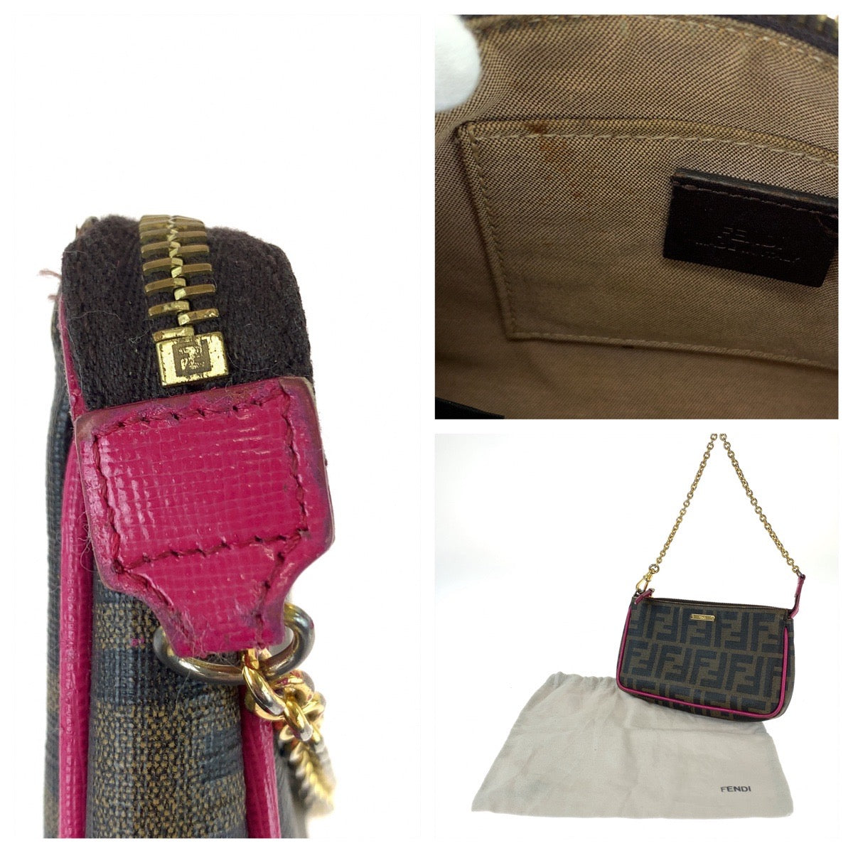 11720
FENDI フェンディ ズッカ柄 ブラウン ピンク ゴールド金具 レザー 8M0271 GRP チェーン ハンドバッグ アクセサリーポーチ  レディース ABP32