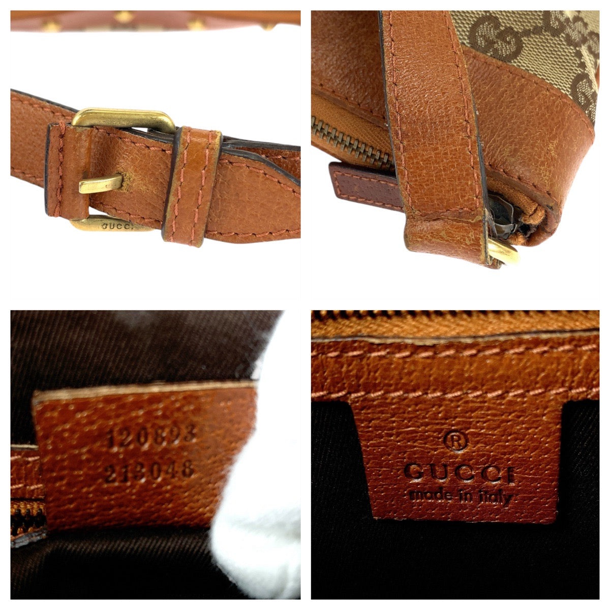 112338
GUCCI グッチ スタッズ GG柄 ブラウン キャメル ゴールド金具 GGキャンバス / レザー 120893 斜め掛け ショルダーバッグ ポシェット  レディース