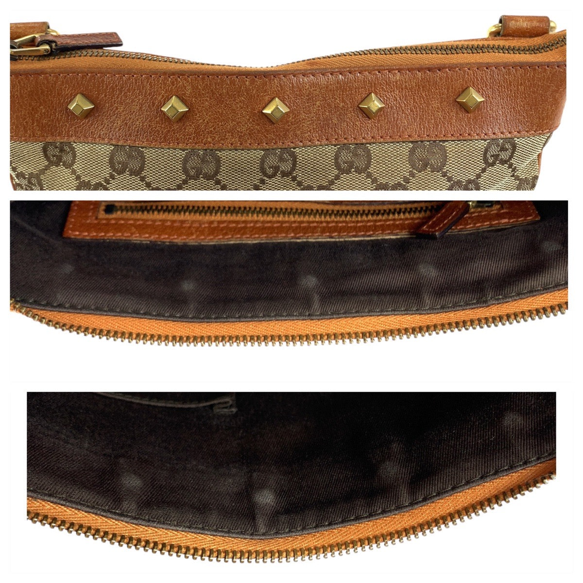 112338
GUCCI グッチ スタッズ GG柄 ブラウン キャメル ゴールド金具 GGキャンバス / レザー 120893 斜め掛け ショルダーバッグ ポシェット  レディース
