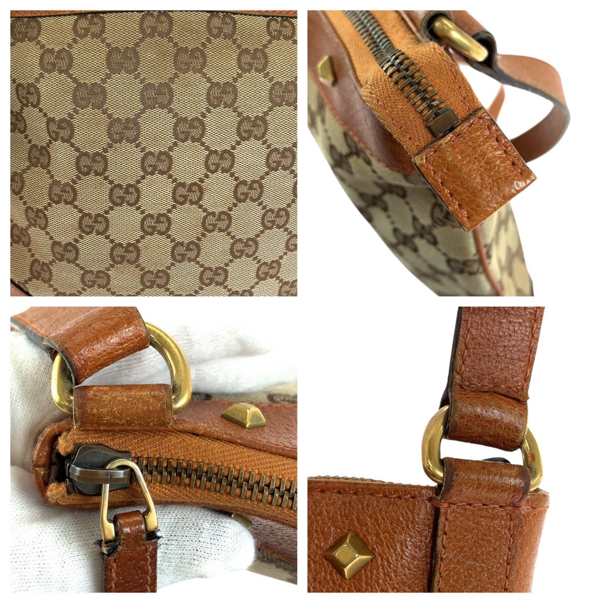 112338
GUCCI グッチ スタッズ GG柄 ブラウン キャメル ゴールド金具 GGキャンバス / レザー 120893 斜め掛け ショルダーバッグ ポシェット  レディース