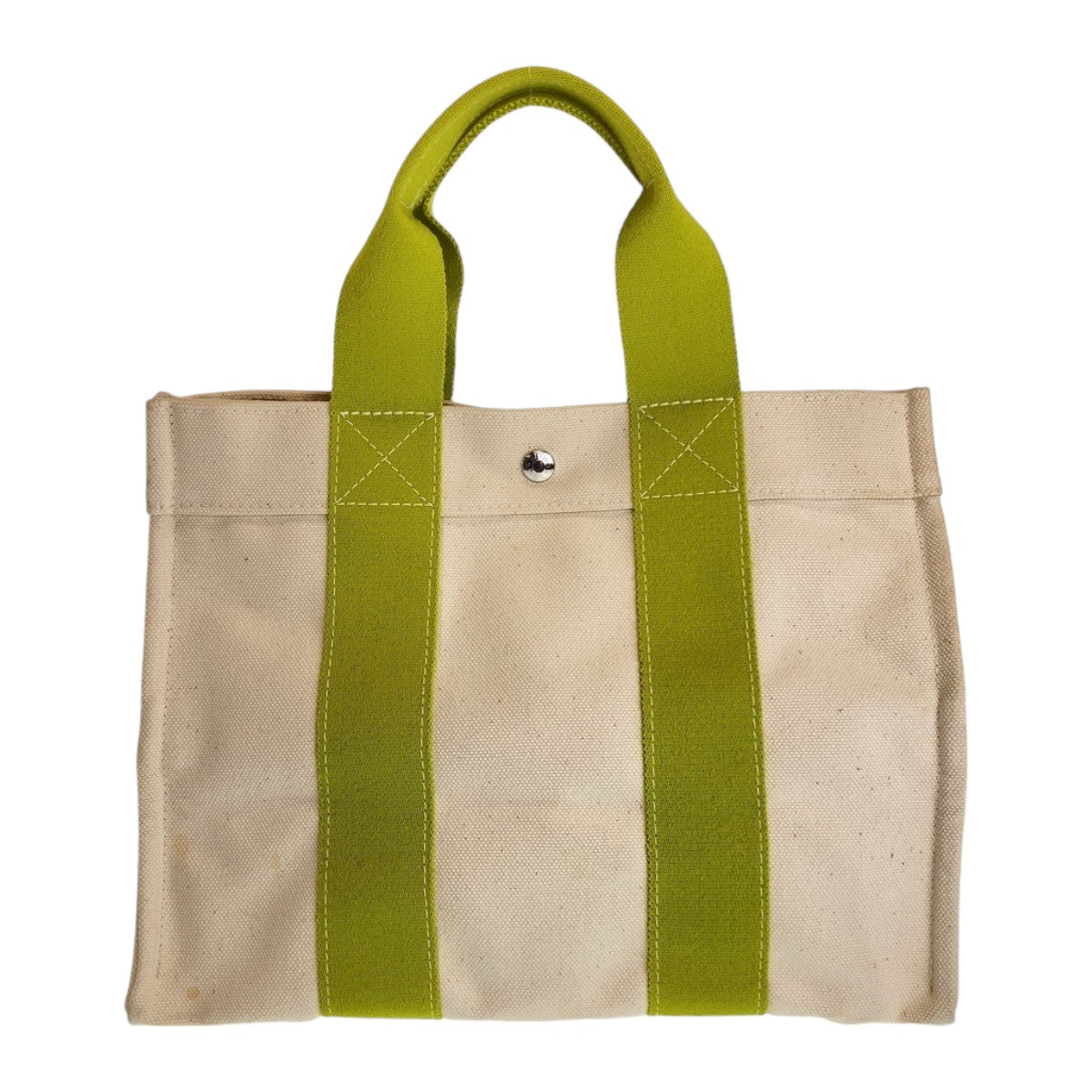 11732
HERMES エルメス ボラボラPM ライムグリーン アイボリー シルバー金具 キャンバス トートバッグ ハンドバッグ  レディース