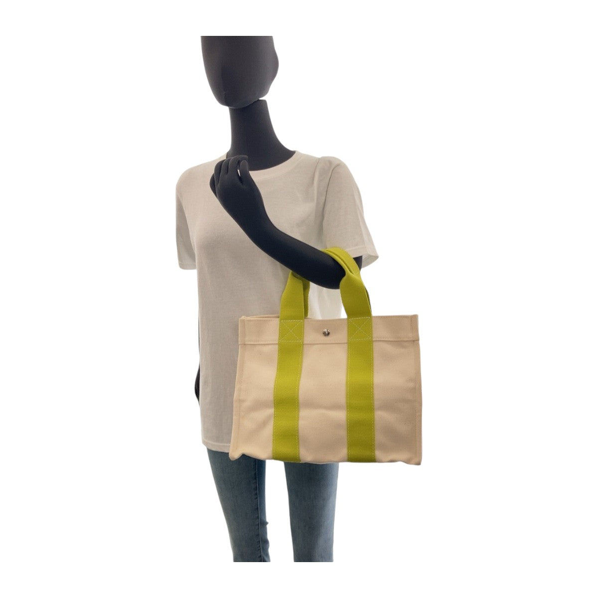 11732
HERMES エルメス ボラボラPM ライムグリーン アイボリー シルバー金具 キャンバス トートバッグ ハンドバッグ  レディース