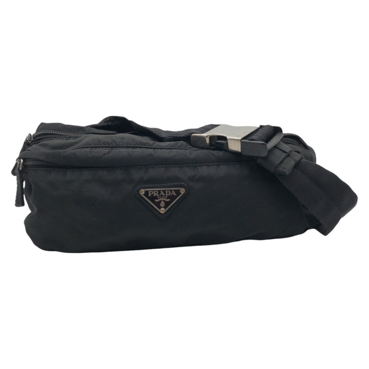 12890
 PRADA Tessuto Triangle Logo Plate Unisex Black Nylon Body Bag Waist Bag Men's