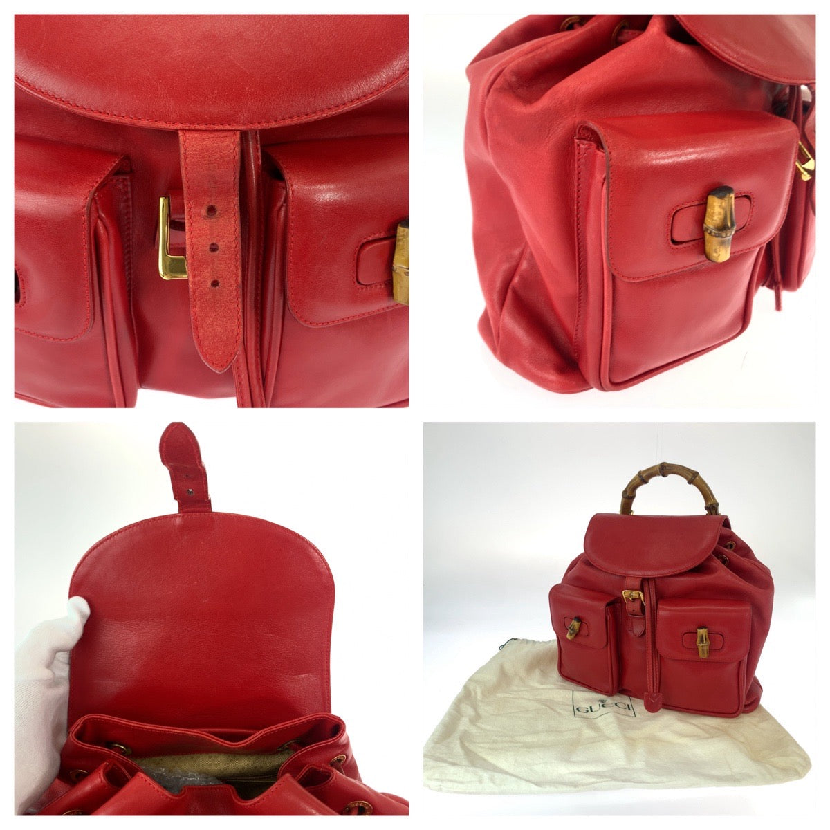 12323
GUCCI グッチ バンブー レッド ゴールド金具 レザー 003 2058 0016 リュックサック バックパック  レディース