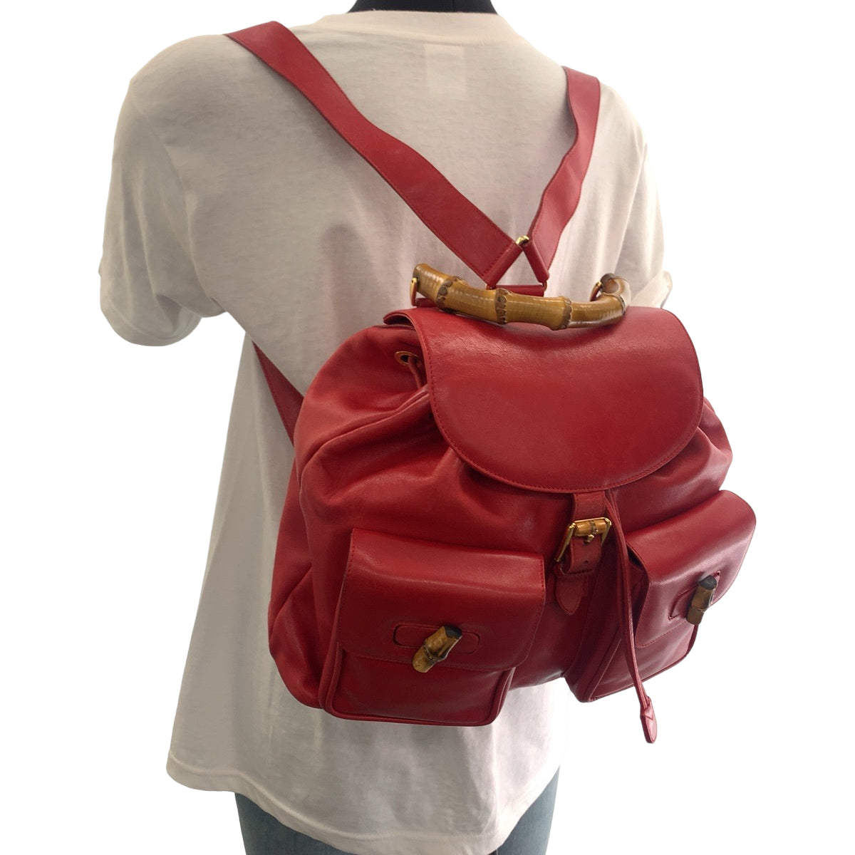12323
GUCCI グッチ バンブー レッド ゴールド金具 レザー 003 2058 0016 リュックサック バックパック  レディース