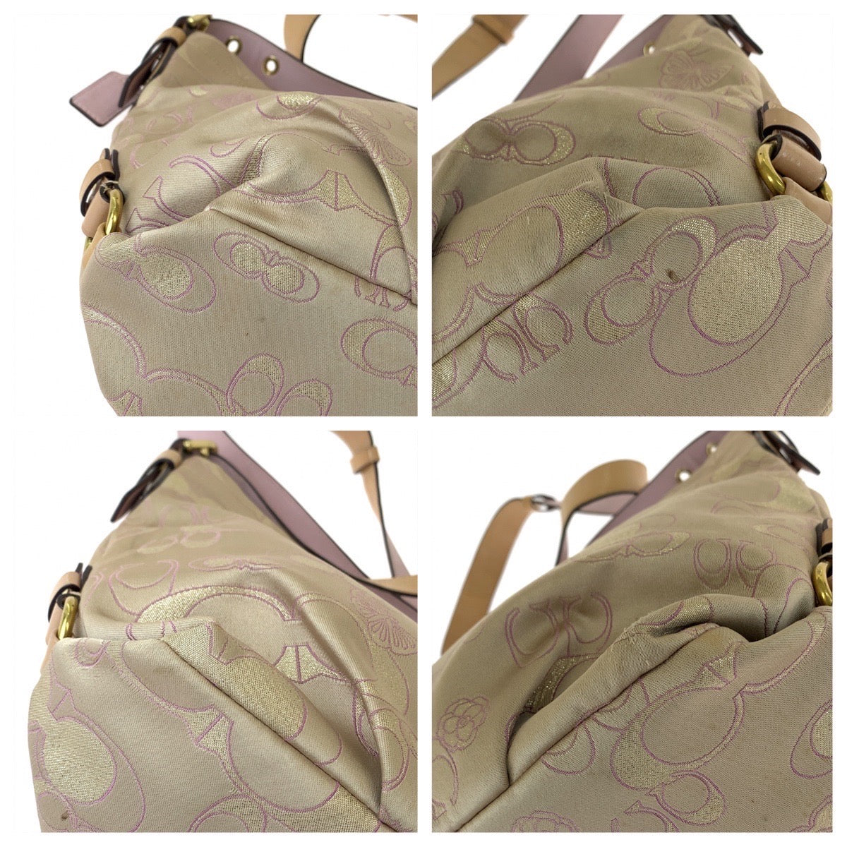 2320
COACH コーチ シグネチャー フラワー バタフライ ベージュ ピンク ゴールド金具 キャンバス / レザー 斜め掛け ショルダーバッグ  レディース