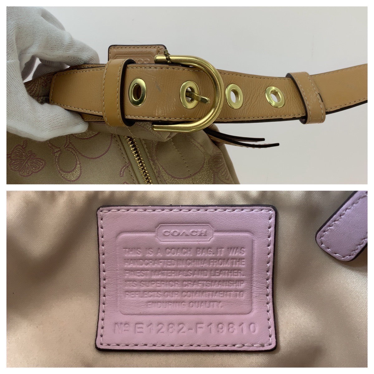 2320
COACH コーチ シグネチャー フラワー バタフライ ベージュ ピンク ゴールド金具 キャンバス / レザー 斜め掛け ショルダーバッグ  レディース