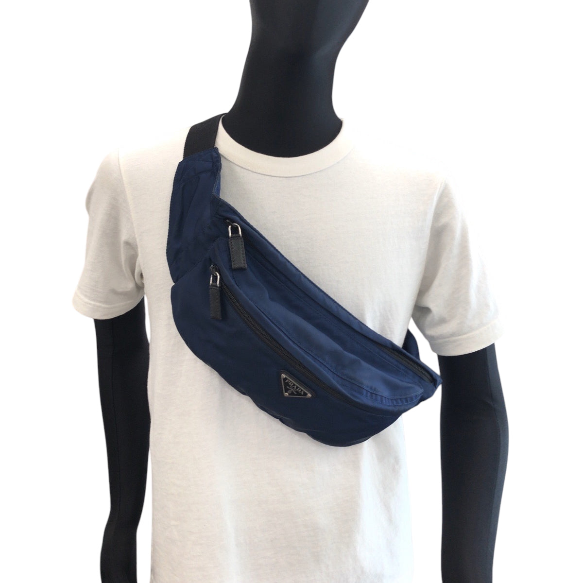 PRADA プラダ テスート 三角ロゴプレート ネイビー ブラック シルバー金具 ナイロン ウエストバッグ バムバッグ メンズ AB48