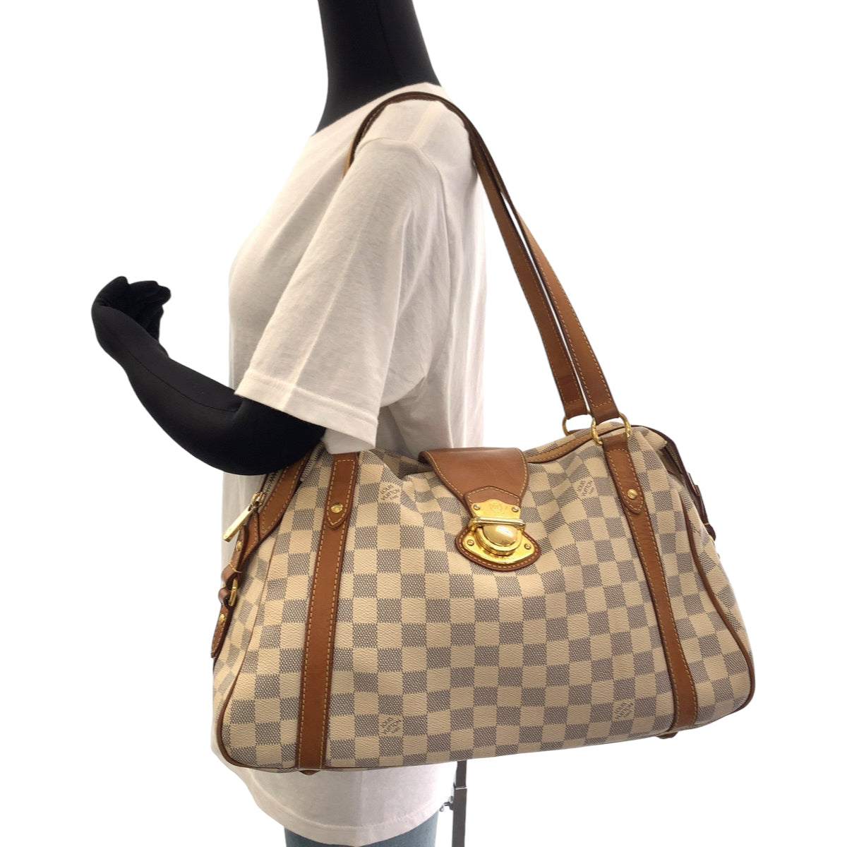 111783
LOUIS VUITTON ルイヴィトン ダミエ アズール ストレーザPM ホワイト ブラウン ゴールド金具 PVC N42220 ショルダーバッグ トートバッグ  レディース