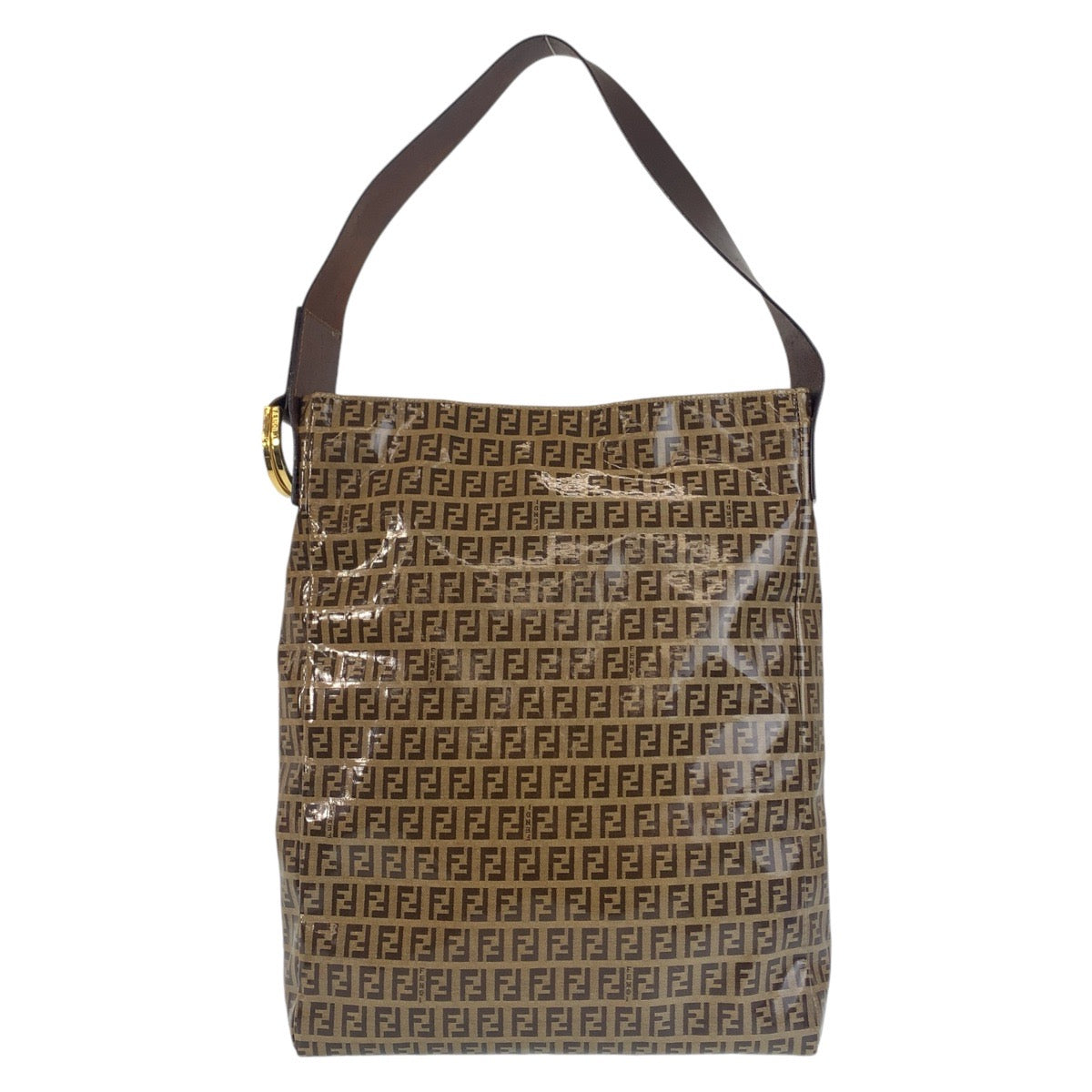 FENDI フェンディ ズッキーノ ブラウン ゴールド金具 ビニール ショルダーバッグ トートバッグ  レディース