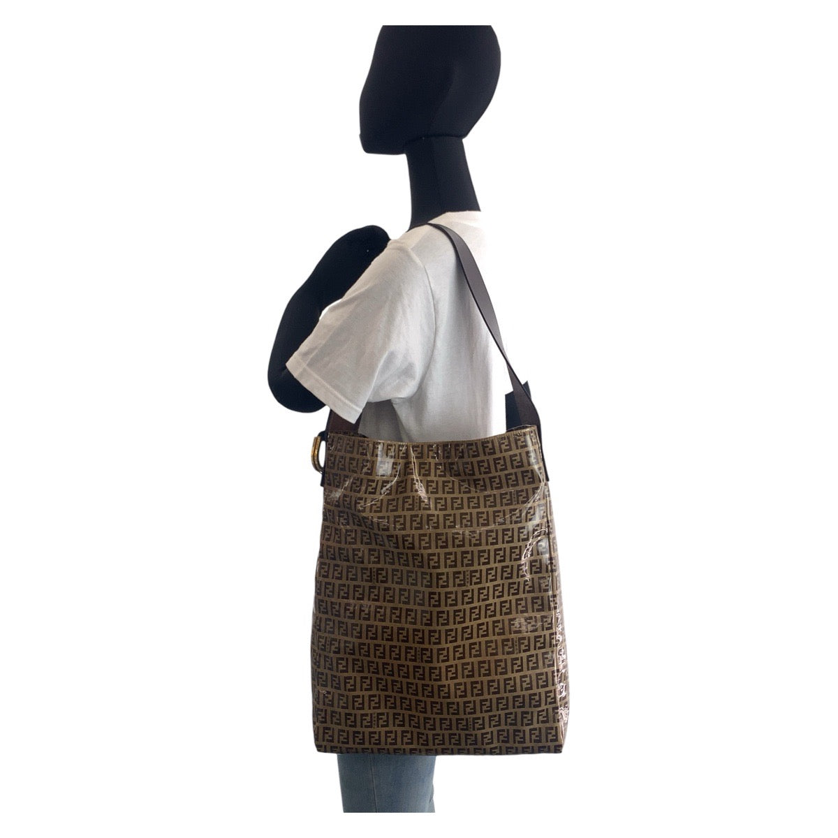 FENDI フェンディ ズッキーノ ブラウン ゴールド金具 ビニール ショルダーバッグ トートバッグ  レディース