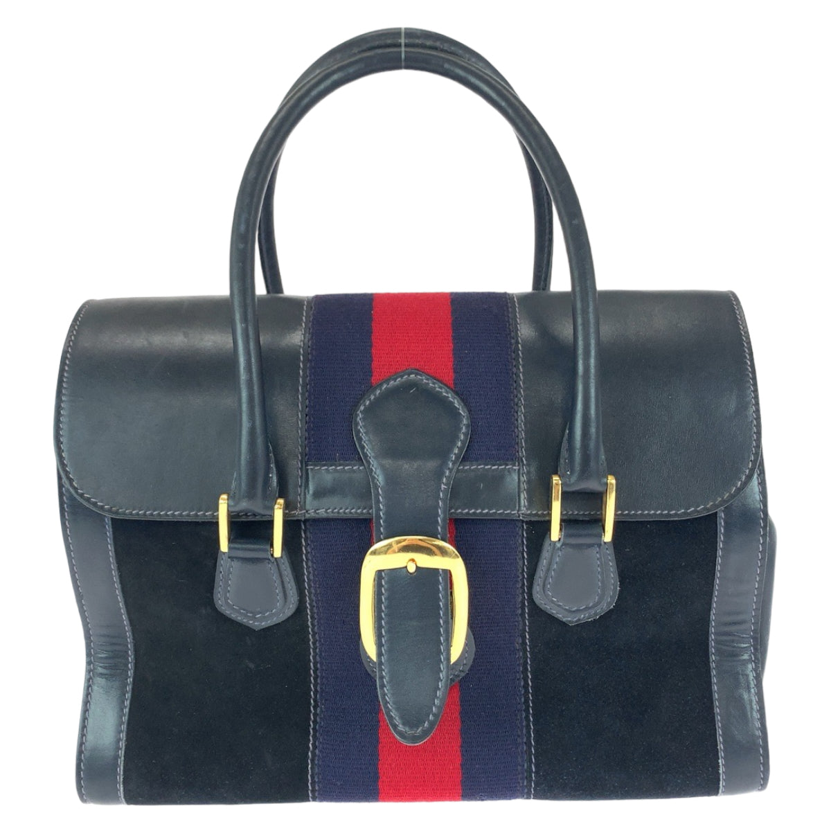 GUCCI グッチ ヴィンテージ オールドグッチ シェリーライン ネイビー レッド ゴールド金具 スウェード / レザー ハンドバッグ ショルダーバッグ  レディース