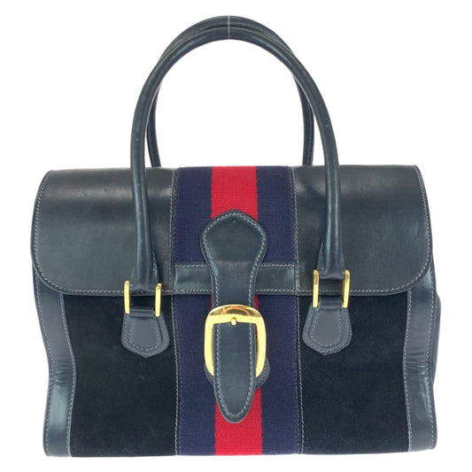 GUCCI グッチ ヴィンテージ オールドグッチ シェリーライン ネイビー レッド ゴールド金具 スウェード / レザー ハンドバッグ ショルダーバッグ  レディース