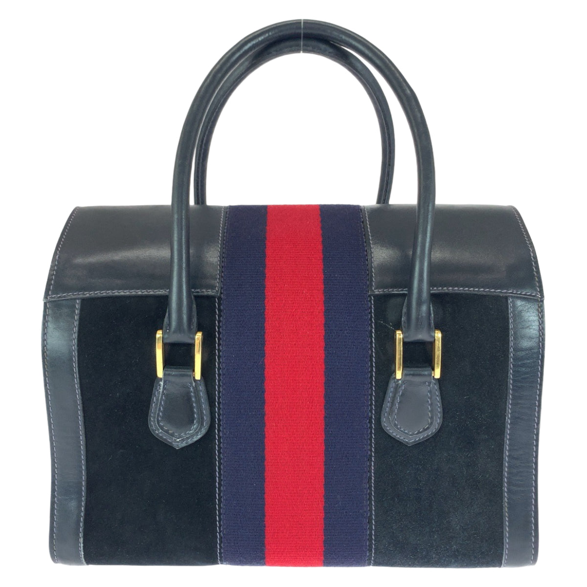 GUCCI グッチ ヴィンテージ オールドグッチ シェリーライン ネイビー レッド ゴールド金具 スウェード / レザー ハンドバッグ ショルダーバッグ  レディース