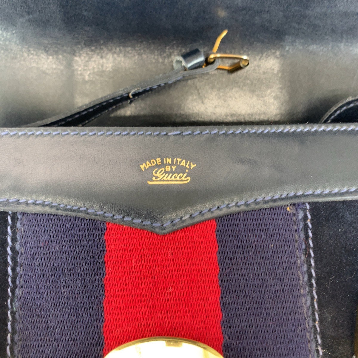GUCCI グッチ ヴィンテージ オールドグッチ シェリーライン ネイビー レッド ゴールド金具 スウェード / レザー ハンドバッグ ショルダーバッグ  レディース