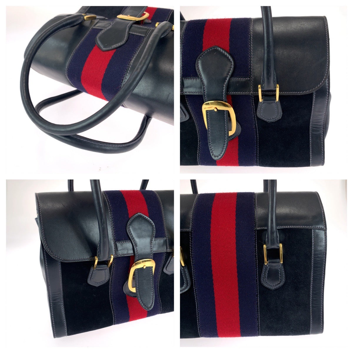 GUCCI グッチ ヴィンテージ オールドグッチ シェリーライン ネイビー レッド ゴールド金具 スウェード / レザー ハンドバッグ ショルダーバッグ  レディース
