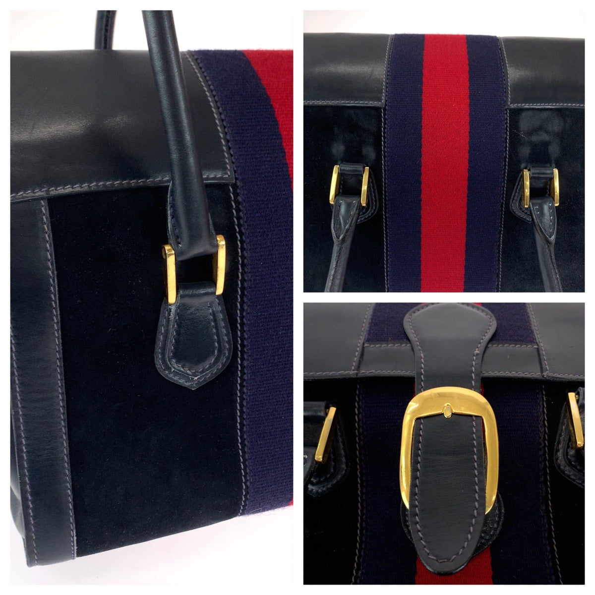 GUCCI グッチ ヴィンテージ オールドグッチ シェリーライン ネイビー レッド ゴールド金具 スウェード / レザー ハンドバッグ ショルダーバッグ  レディース