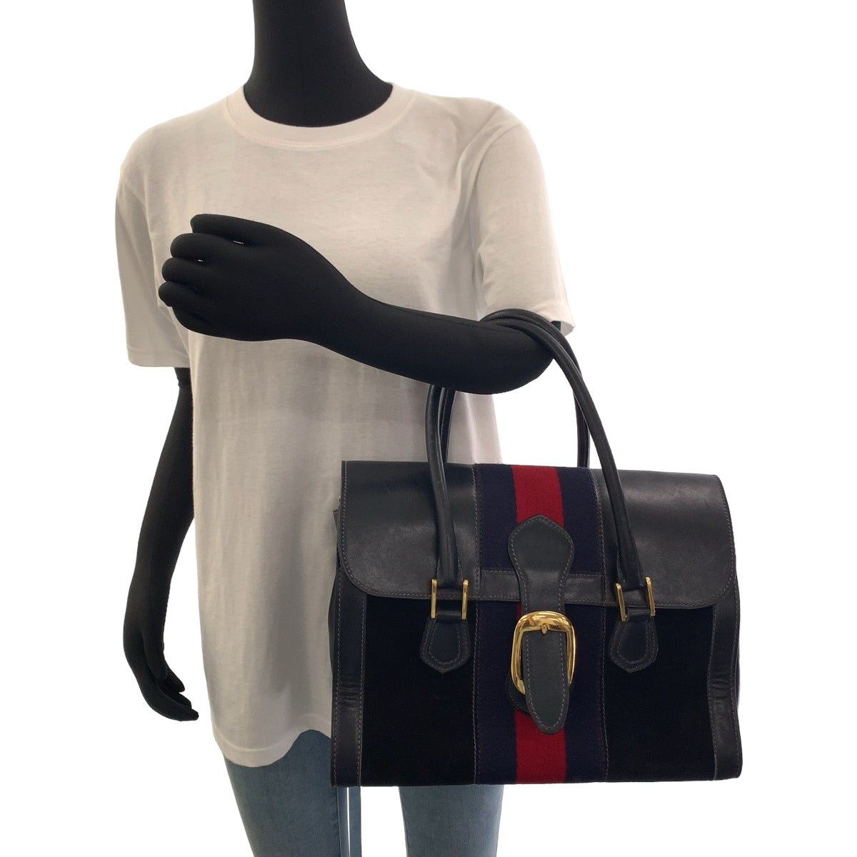 GUCCI グッチ ヴィンテージ オールドグッチ シェリーライン ネイビー レッド ゴールド金具 スウェード / レザー ハンドバッグ ショルダーバッグ  レディース