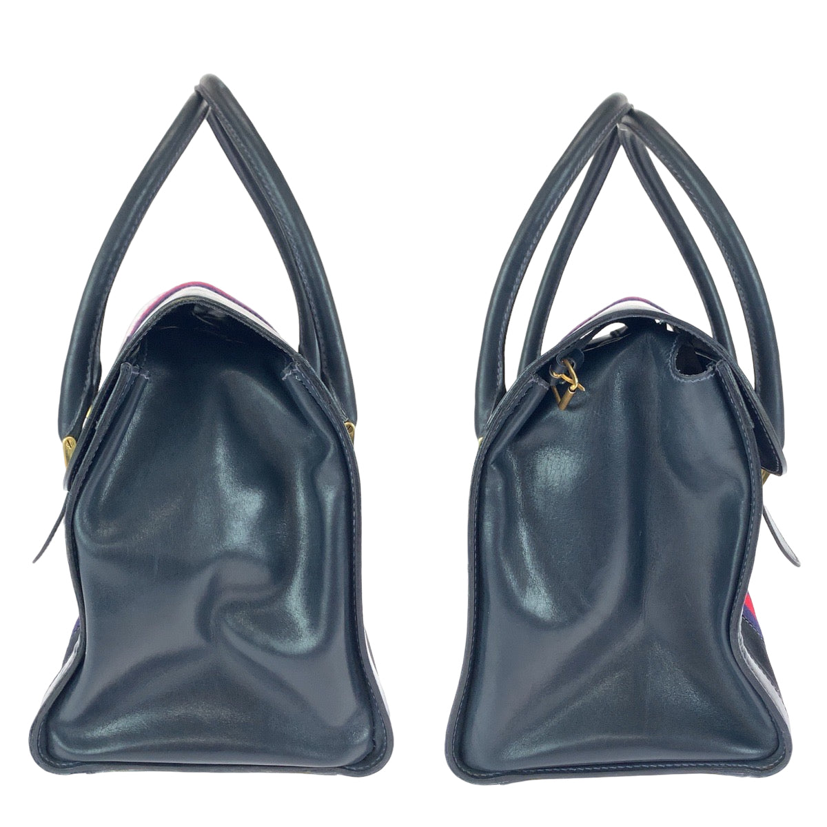 GUCCI グッチ ヴィンテージ オールドグッチ シェリーライン ネイビー レッド ゴールド金具 スウェード / レザー ハンドバッグ ショルダーバッグ  レディース